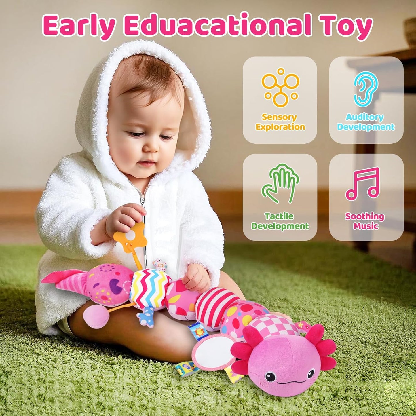 Baby Toys for 0-6 6-12 Months, Plush Axolotl Toy with Crinkle and Rattles for Infant Newborn, Sensory Music Animal Stuffed Toy for 0 1 2 3 4 5 6+ Month, Tummy Time Toys Gifts for 0-3-6-12 Months,Pink