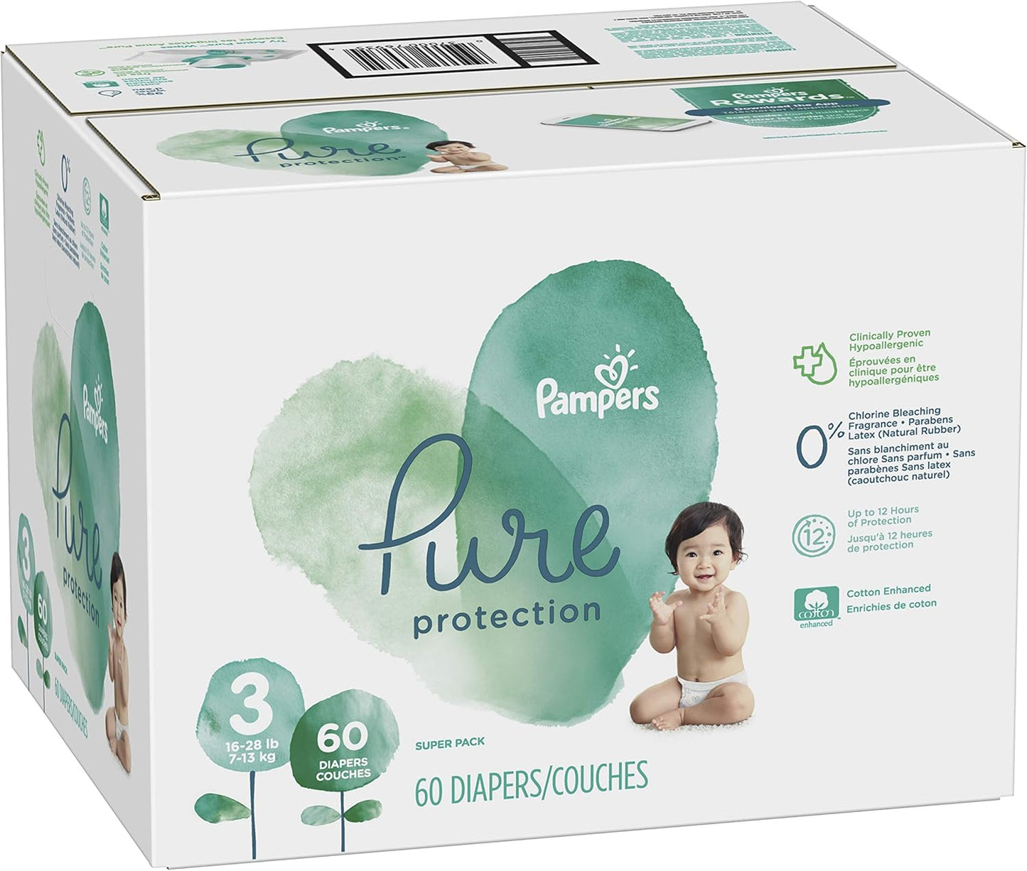 Diapers Size 3, 60 Count - Pampers Pure Protection Disposable Baby Diapers, Hypoallergenic and Unscented Protection, Super Pack (Old Version)