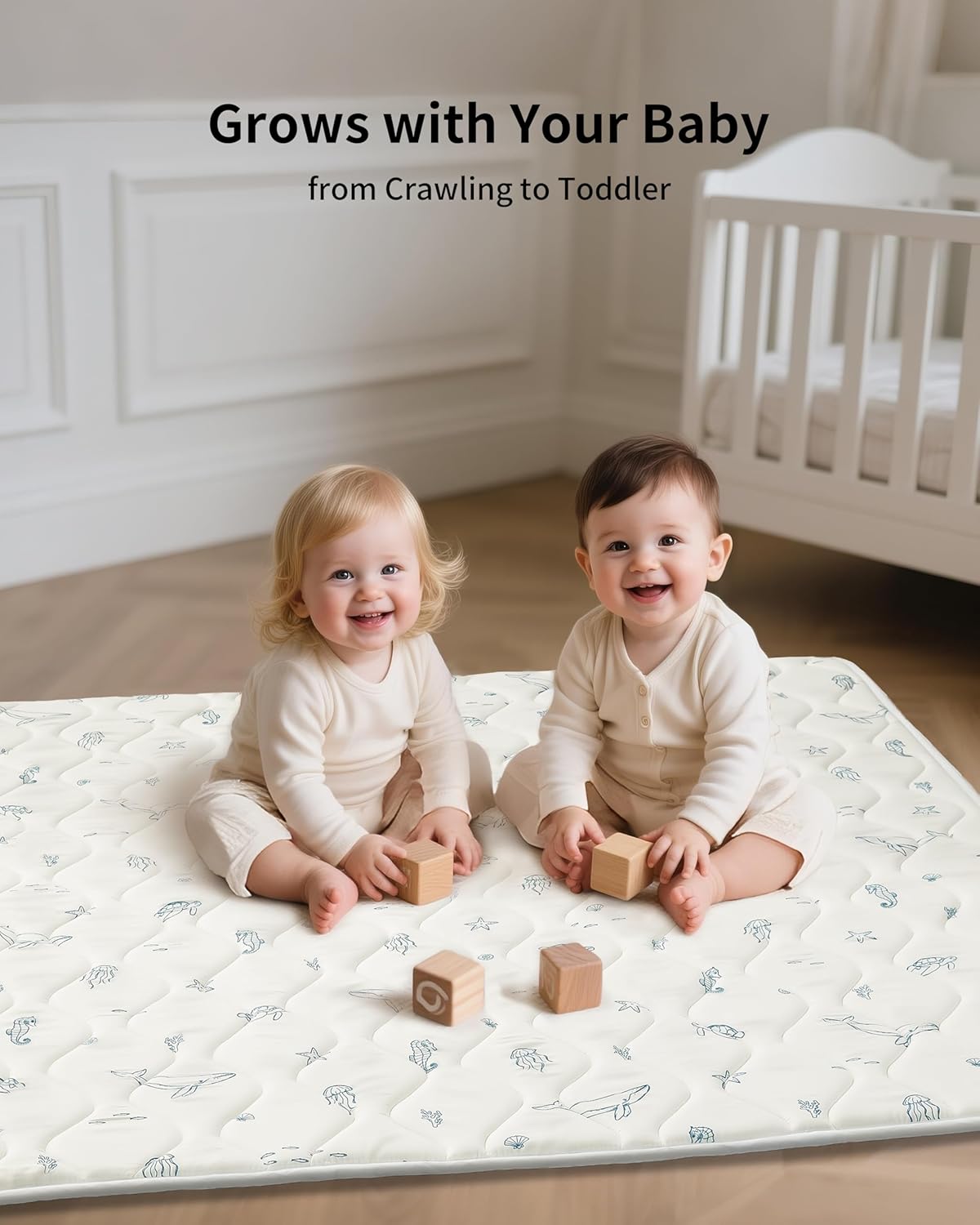 Play Mat for Baby, Soft Foam Floor Pads, 47"x47" Tummy Time Play mat for Infant and Toddler, Portable Foldable Puzzle Mat for Nursery, Outdoor Yard or Playpen (Ocean Ivory)