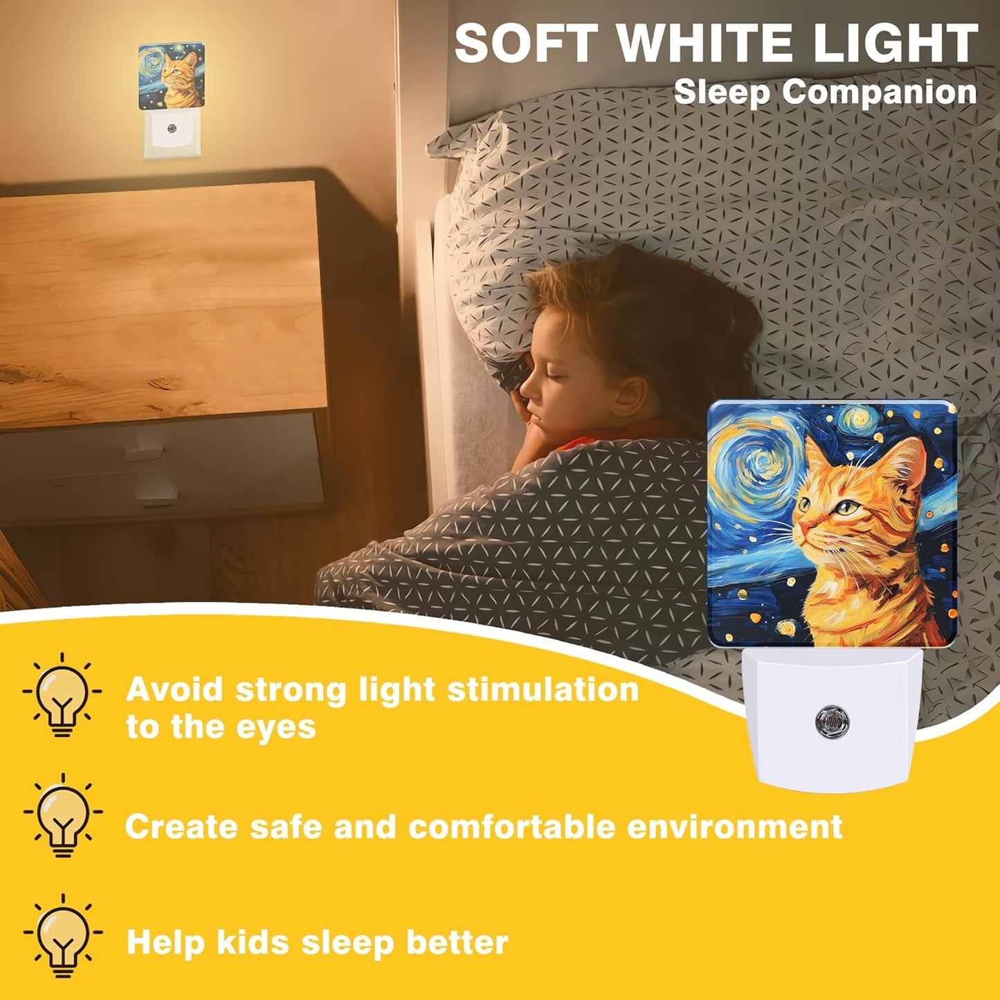 Night Light Orange Cat Watching Starry Night Night Lights Plug into Wall Smart Dusk to Dawn Sensor 0.5W Energy Efficient Led Lamp for Men Women Bedroom Bathroom Hallway Stairway Decor