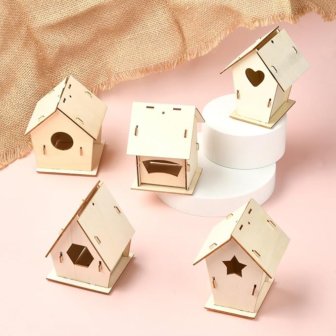 6 Sets 6 Styles Breeding Box Theme Unfinished Wood Bird House Hollow Star