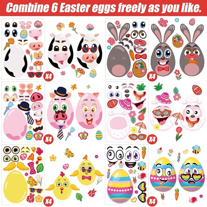 24 Sheets of Easter Stickers for Kids: 6 Unique Colorful Eggs Designs for