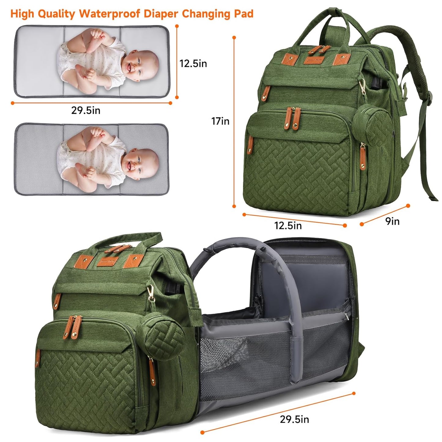 Baby Diaper Bag Backpack Multifunctional Waterproof Diaper Bag with Changing Station Travel Backpack with Changing Pad(Army Green)