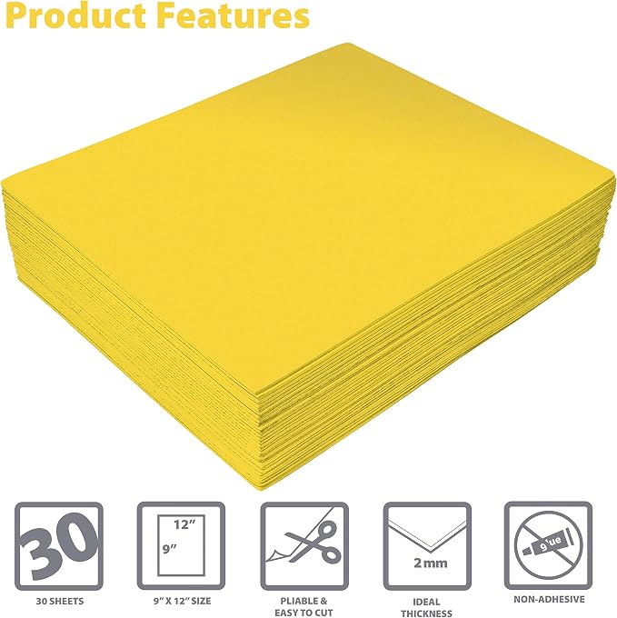 Better Office Products Yellow EVA Foam Sheets, 30 Pack, 2mm Thick, 9 x 12 Inch