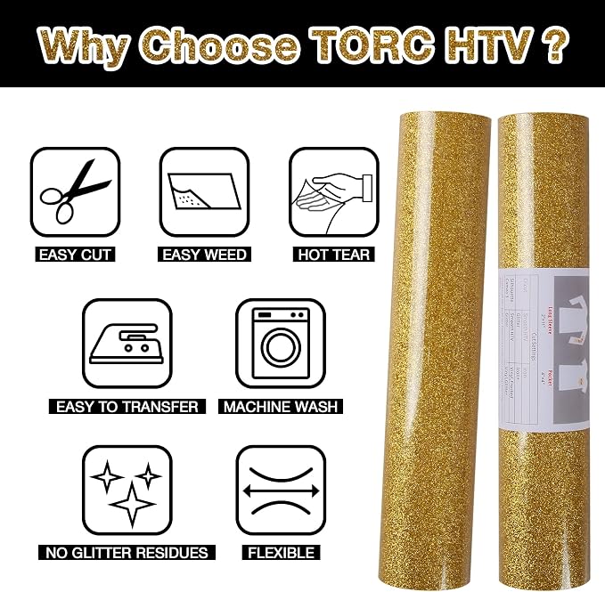 TORC Gold Glitter HTV Heat Transfer Vinyl Roll 12 inch x 20 ft Sparkly Iron on