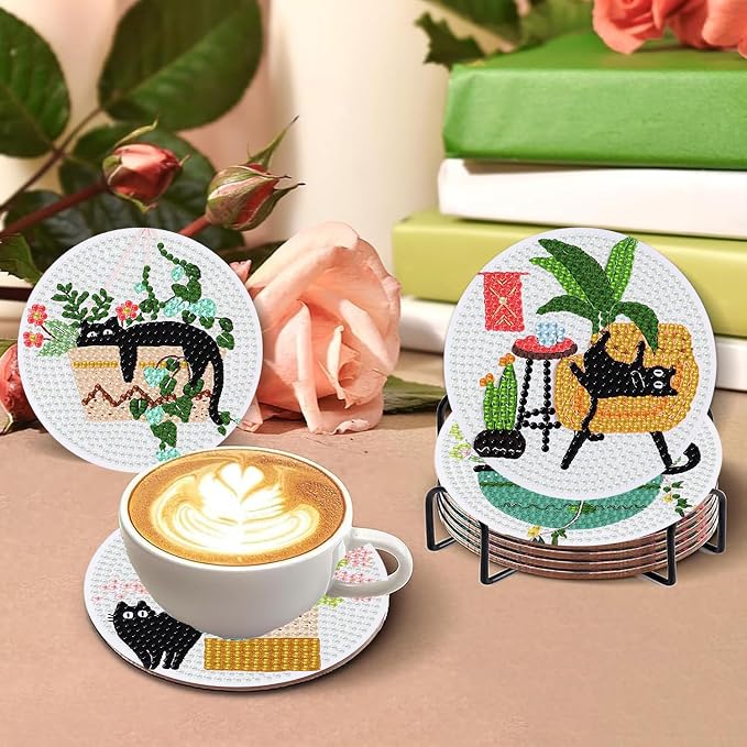 8 PCS Diamond Art Coasters Kits Black Cat Diamond Painting Coaster | Diamond