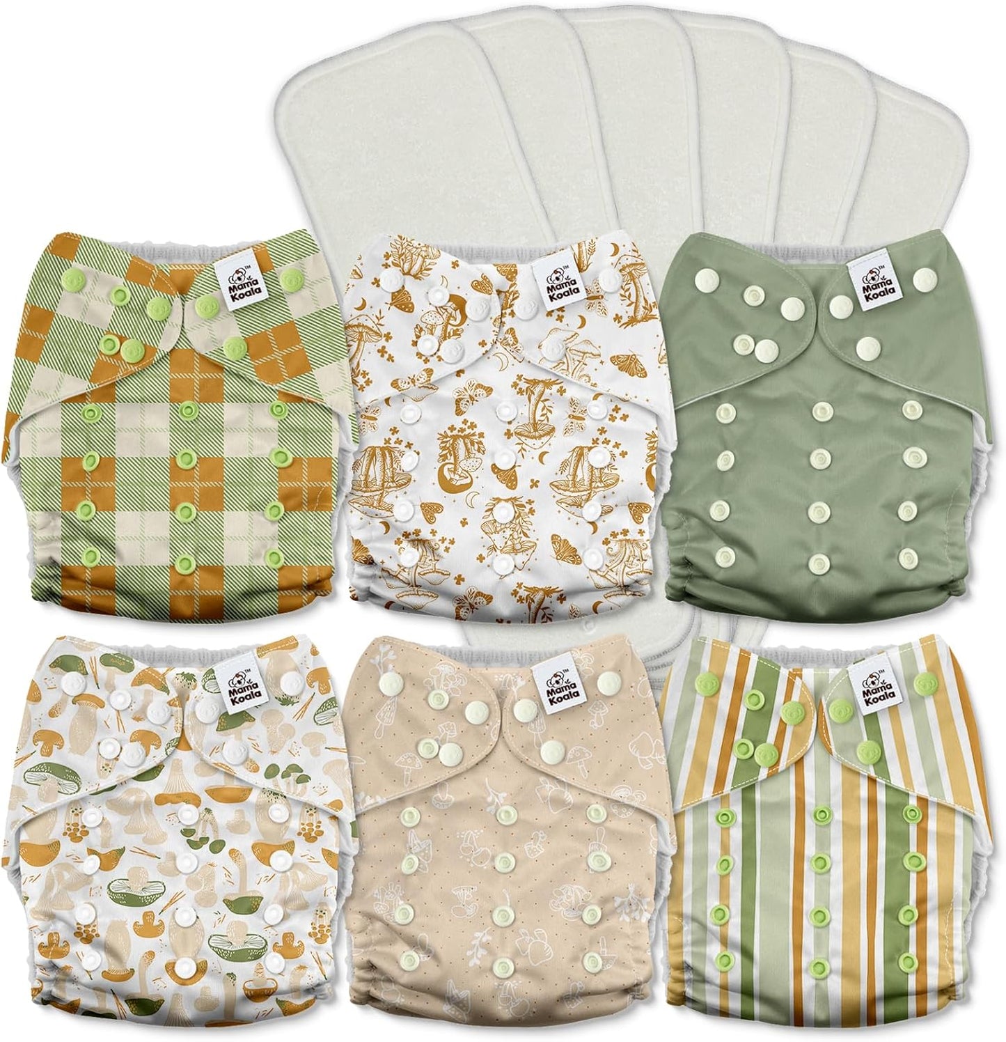 Mama Koala 3.0 Pocket Cloth Diapers for Babies with AWJ Lining, 6 Pack with 6 5-Layer Natural Cloth Diaper Inserts - Reusable and Washable Pocket Diapers(A-Mushrooms)