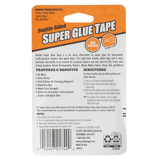 GORILLA Super Glue Tape, Double Sided, High Tack, 5/8in x 20ft