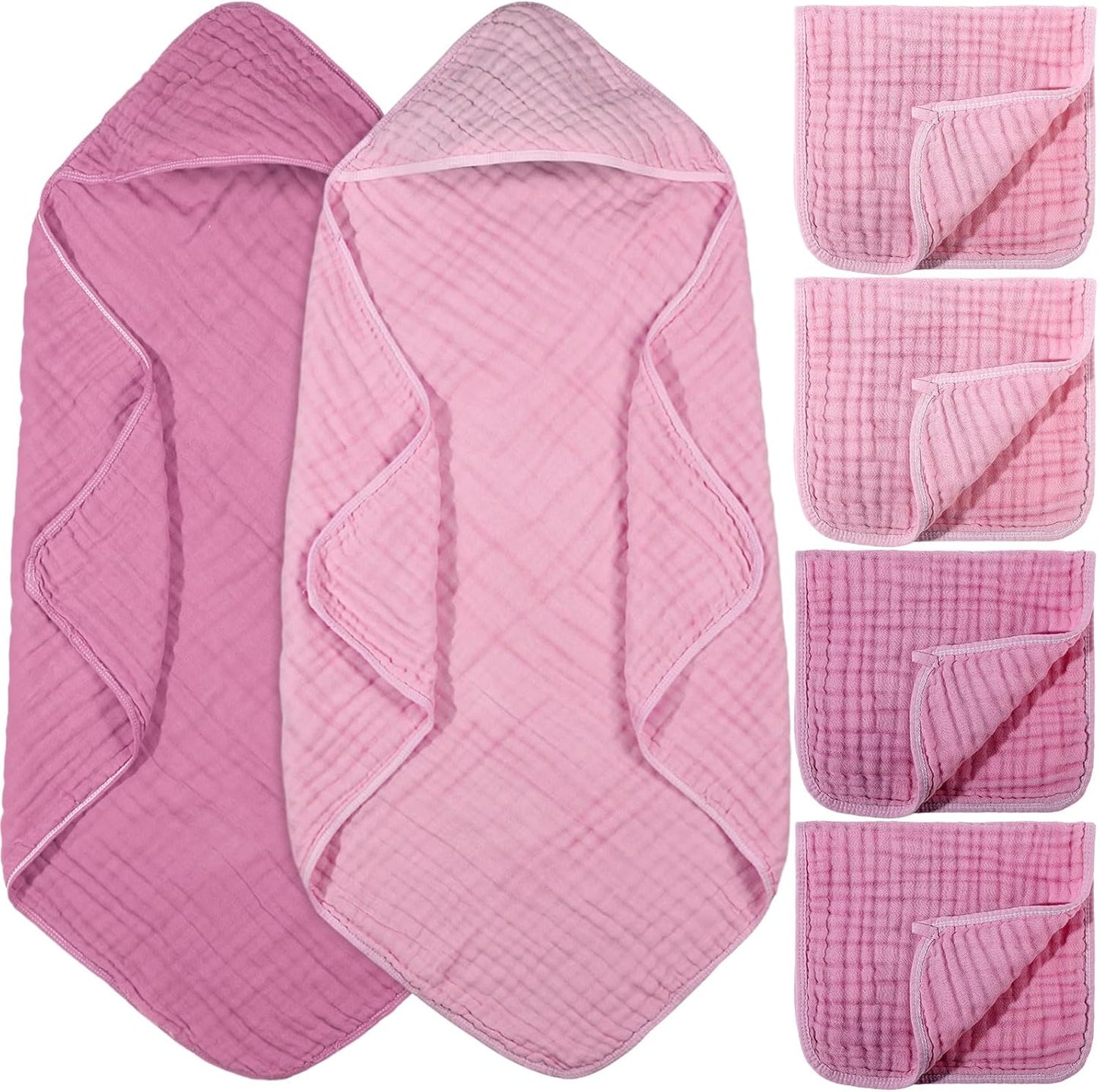 VitalCozy 6 Pcs Baby Muslin Hooded Bath Towels and Washcloths, 32 x 32 Inch Muslin Cotton Hooded Baby Towels Absorbent Hooded Blankets for Gift Newborn Infant Shower (Rose Red,Pink)