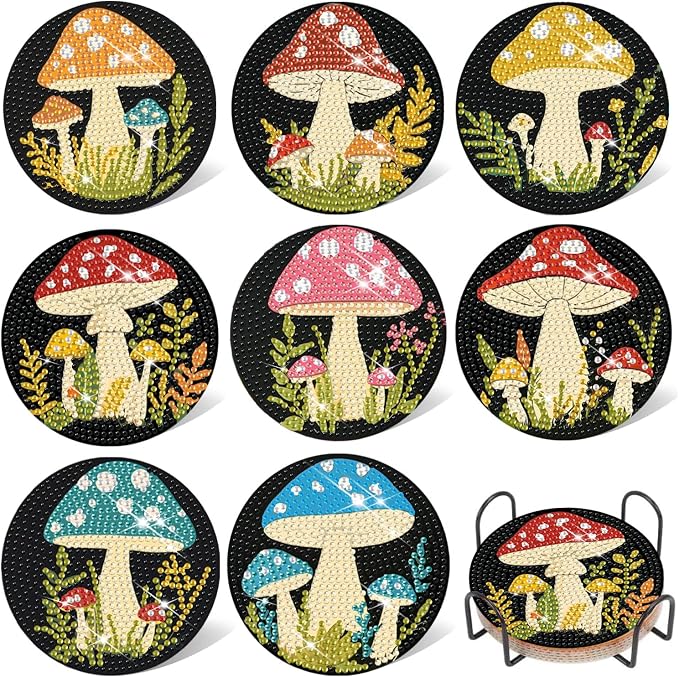 EWJRNSF 8 PCS Mushroom 5D Diamond Painting Coasters DIY Kit