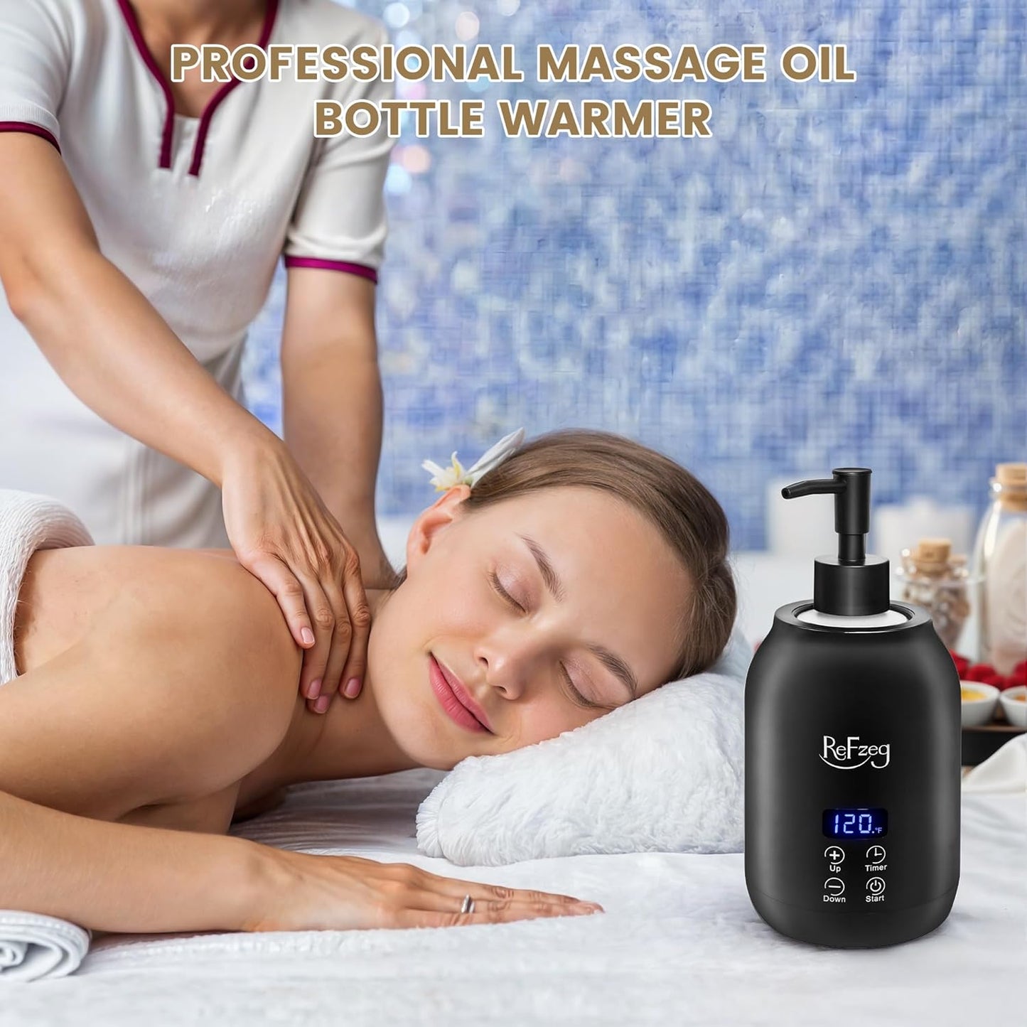 Massage Oil Warmer Bottle Professional Electric Lotion Digital Heater for SPA, Portable Oil Warmer Heated Cream for Beauty Salon Home, with ℃/℉ Switchable Display, Two Oil Dispenser Bottle