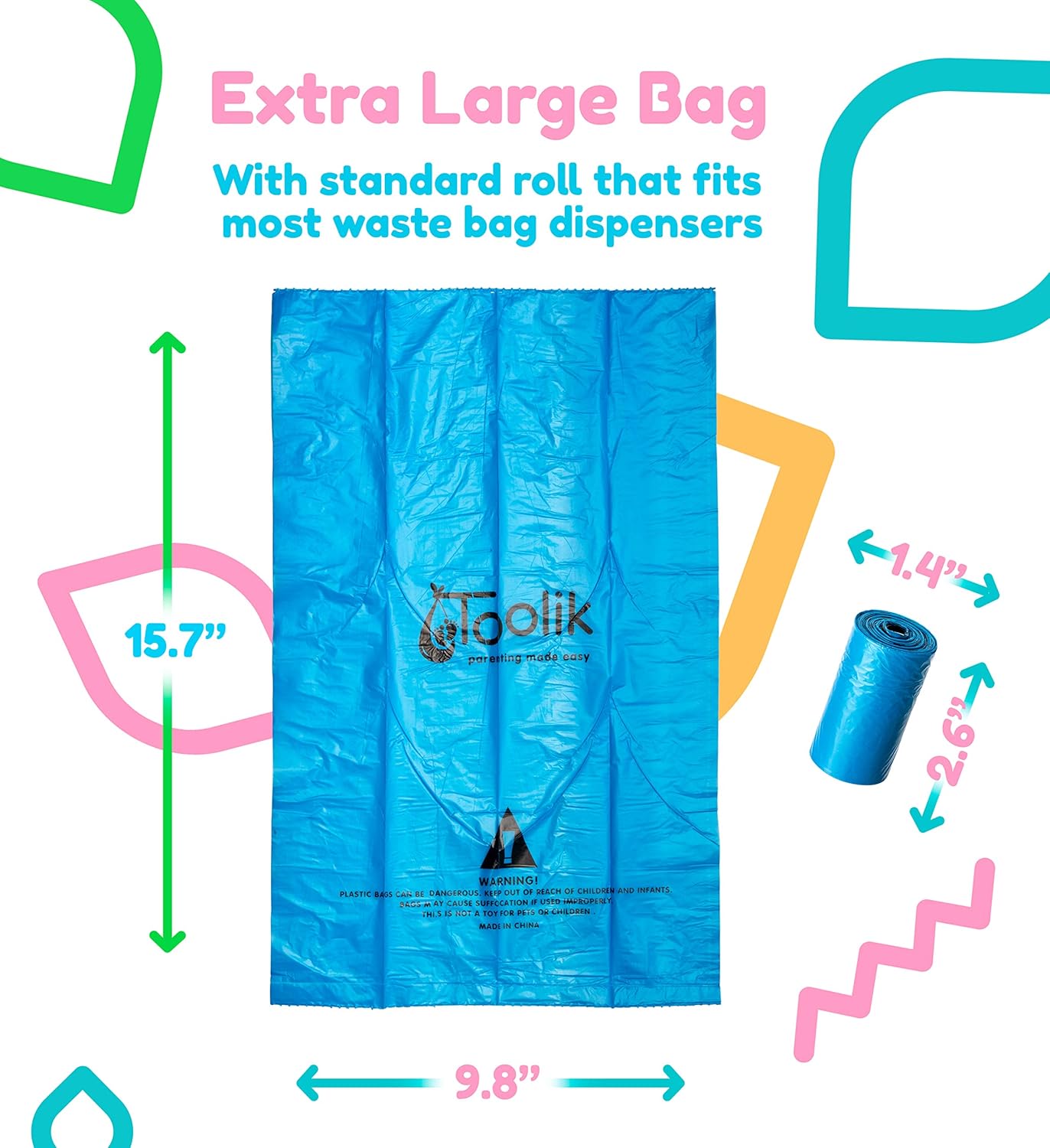 Toolik Diaper Bag Dispenser Refills Disposable Unscented Waste Bags (8 Rolls - 120 bags)