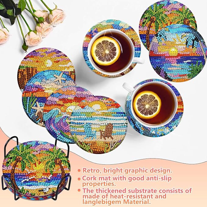 8 PCS Diamond Art Coasters Kits Sunset Beach Diamond Painting Coaster | Diamond