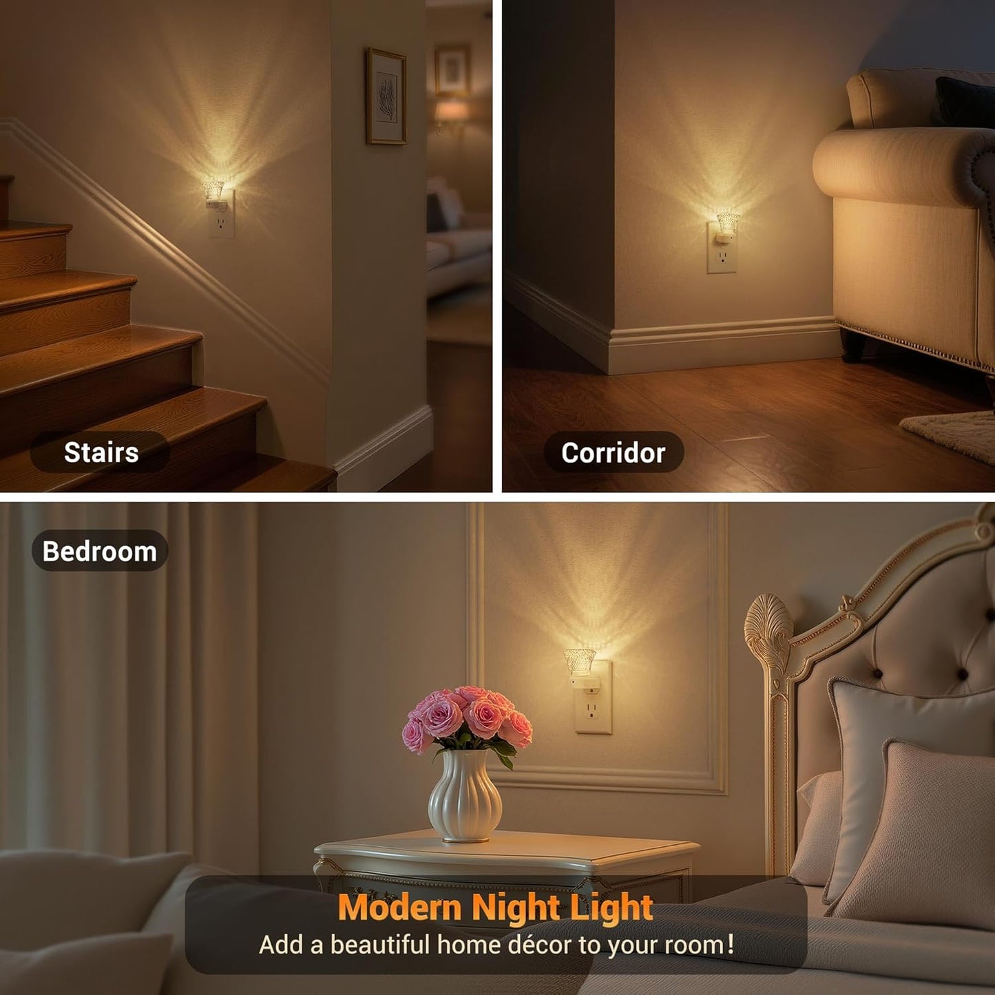 JandCase LED Night Light Plug in, Night Lights Plug into Wall [2 Pack] with Dusk to Dawn Light Sensor, 3000K Warm White Night Light, Adjustable Brightness Nightlight for Kids Bathroom Bedroom Hallway