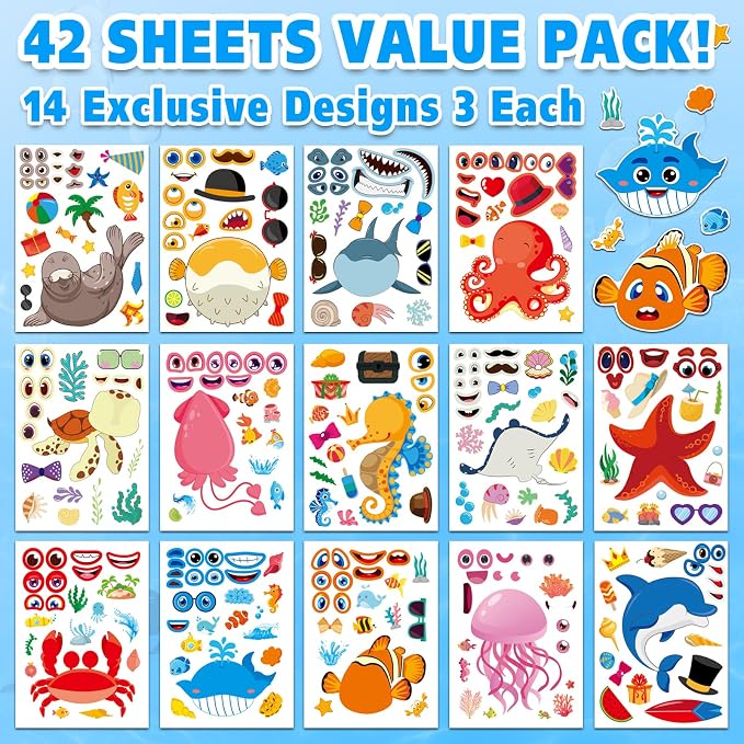 Aowplc 42 Pcs Ocean Animals Make-a-Face Sticker Sheets
