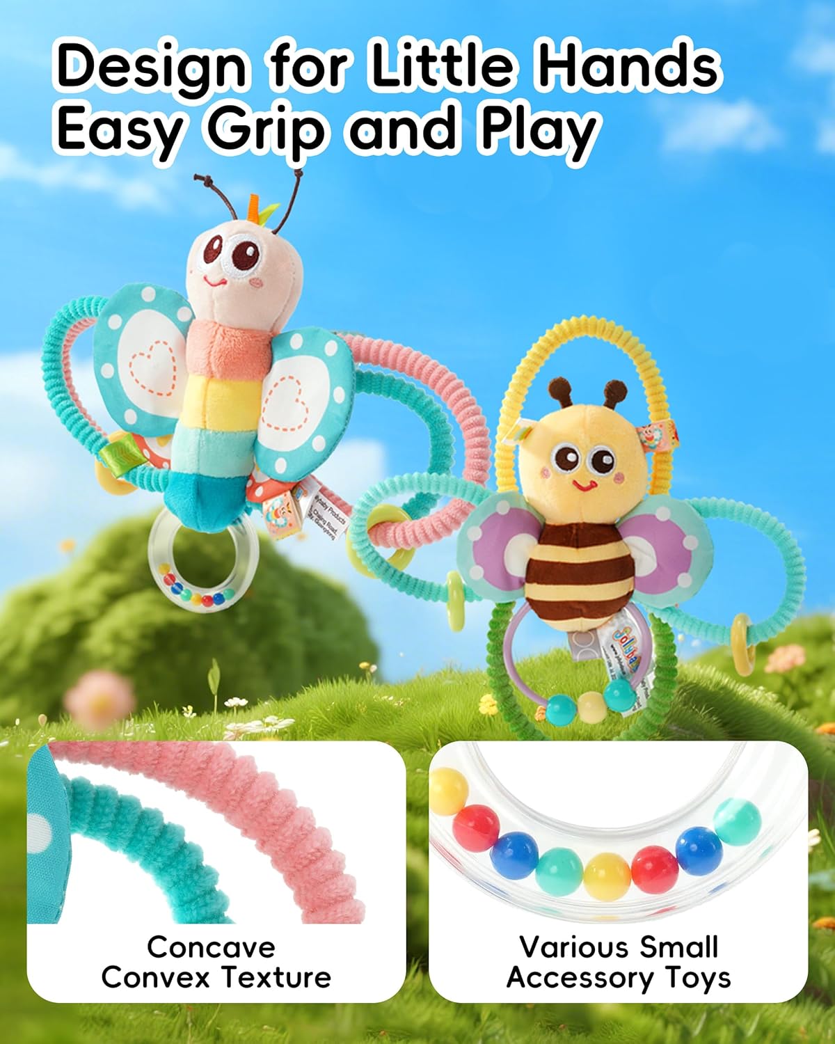 Jollybaby Soft Baby Rattles & Plush Rings Toy for Newborn 0-3-6-12 Months, Sensory Developmental Hand Teether Toys for Infant 0-2-4-7-8-9 Months, Baby Shower & Birthday Gifts - Butterfly