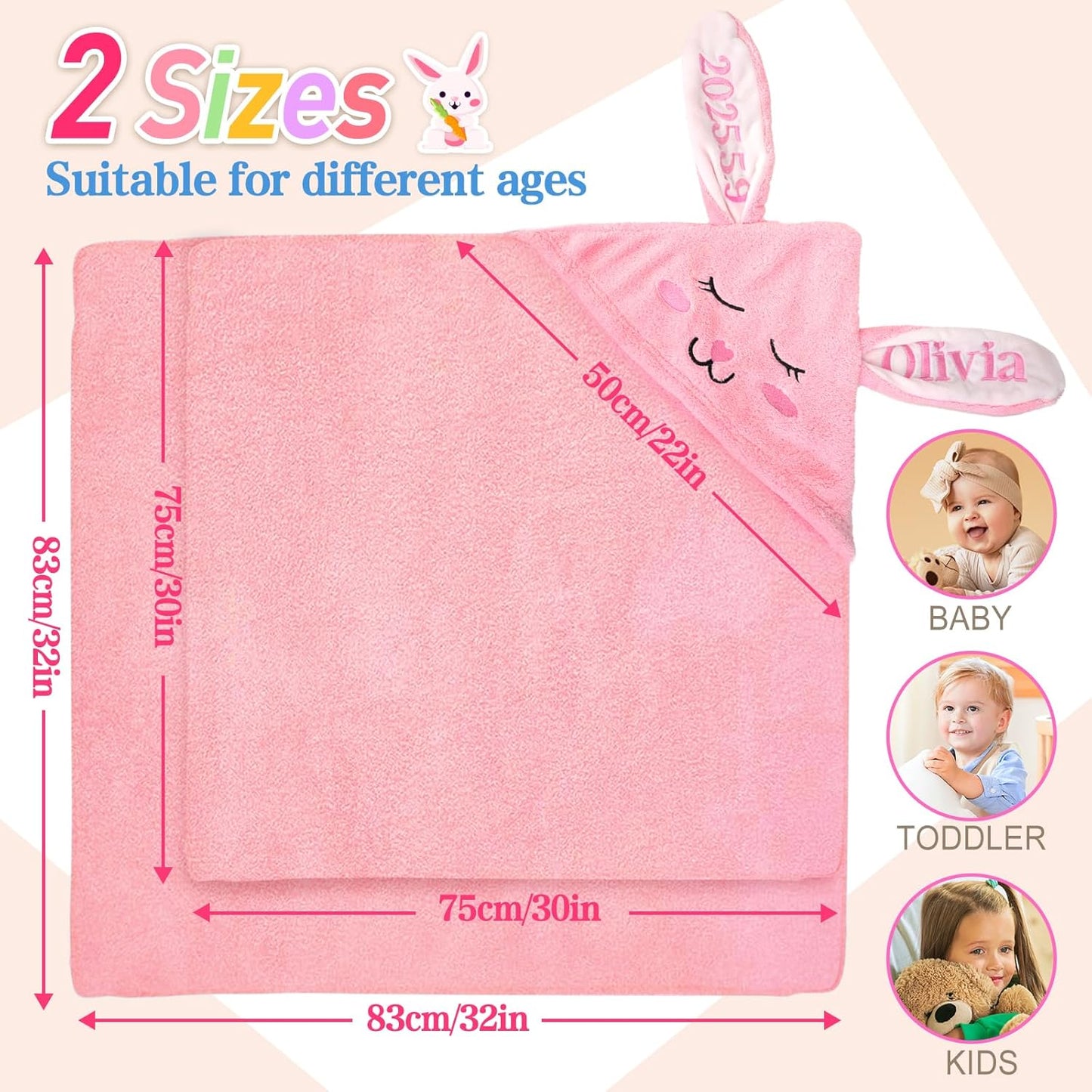 Custom Hooded Bath Towel with Name, Personalized Highly Absorbent Bunny Towels, Baby Bath Towels for Girls Boys, Brithday for Baby, Toddler, Newborn (Pink-Bunny)
