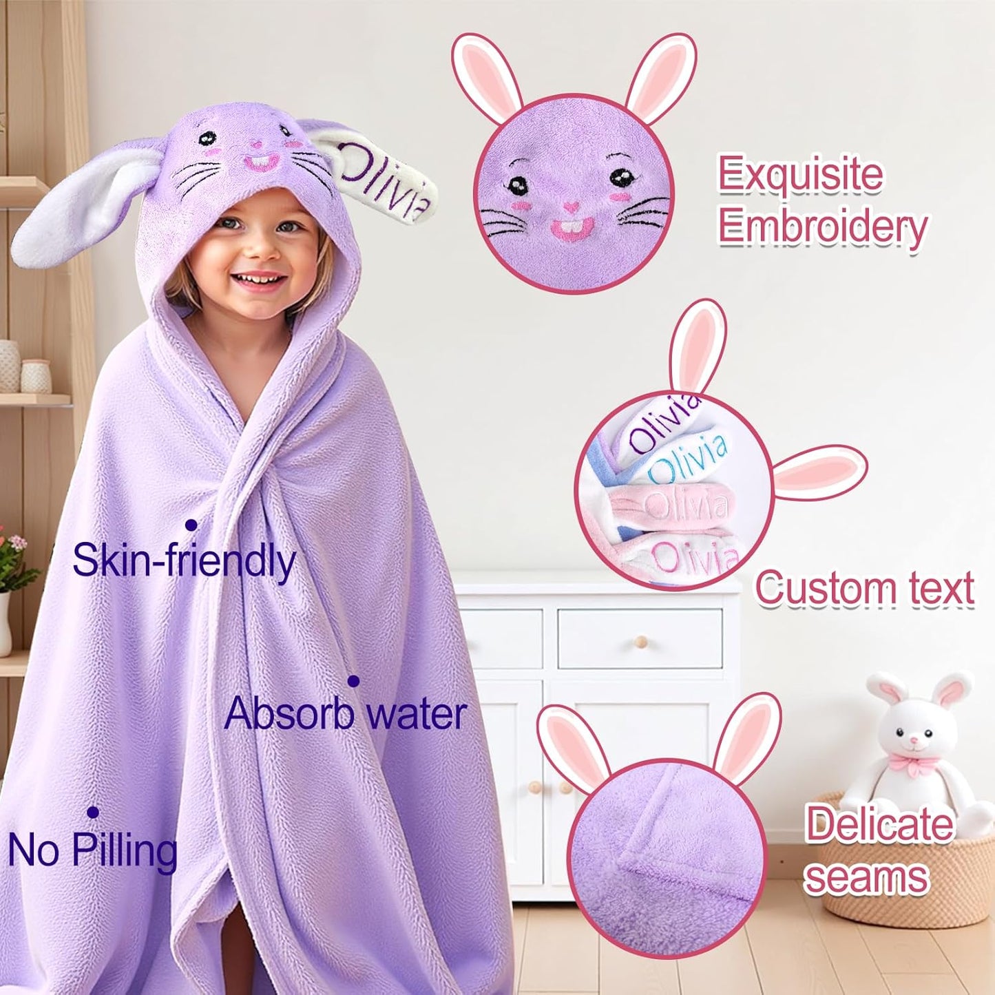 Custom Hooded Bath Towel with Name, Personalized Highly Absorbent Bunny Towels, Baby Bath Towels for Girls Boys, Easter Brithday Shower Gifts for Baby, Toddler, Newborn (Blue)