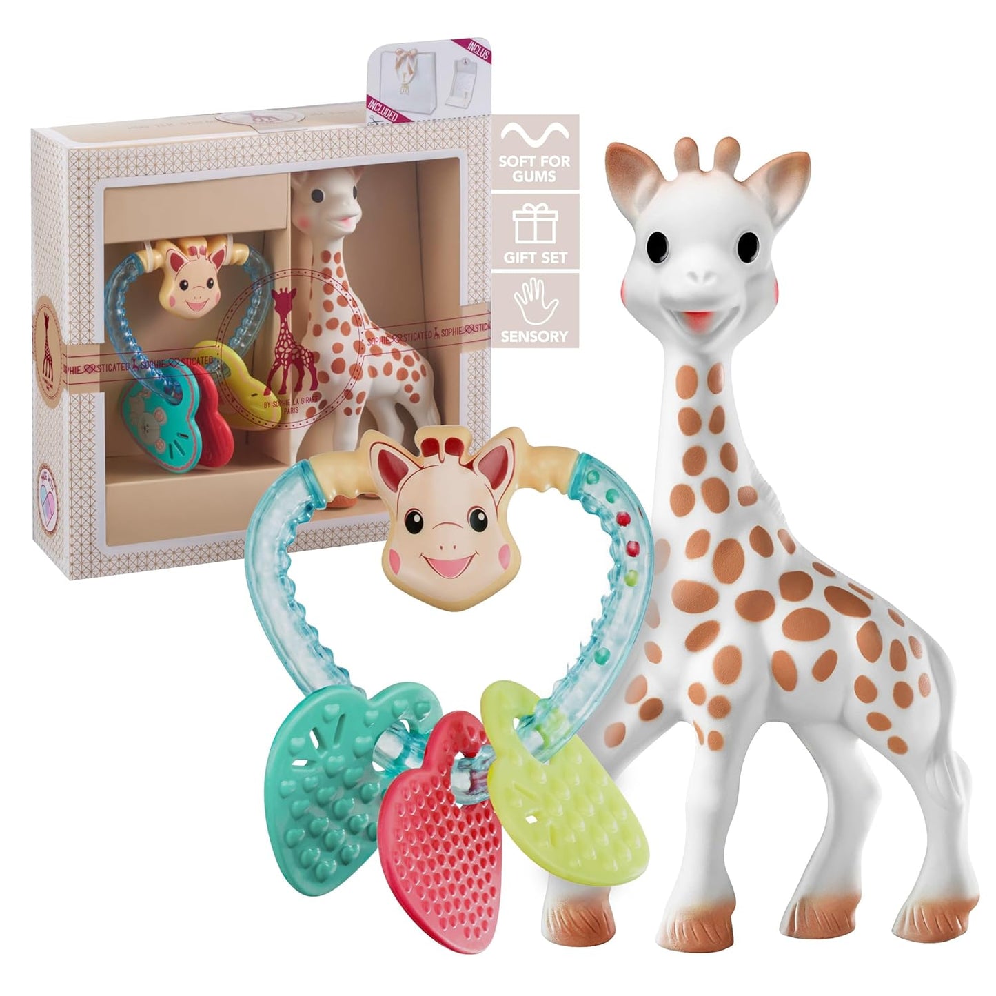 Sophie la girafe Sophiesticated - The I Love Sophie Set | Includes Sophie la girafe & Heart Rattle | Handcrafted in France | Comfort & Soothe | Awaken All 5 Senses