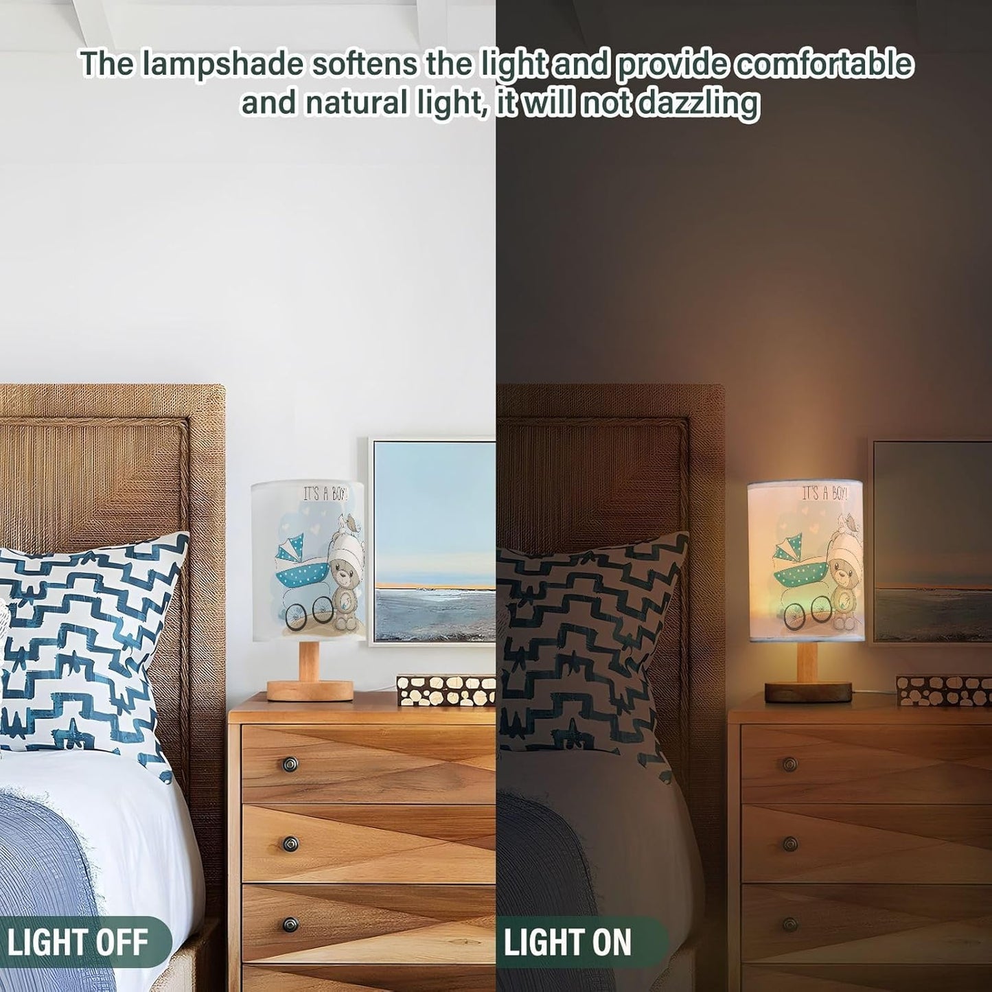 Table Lamp Bear with Blue Baby Carriage Heart Quote It's A Boy Nightstand Lamp with Wood Base Fabric Lamp Shade Bedside Desk Lamp for Living Room Bedroom Kids Room Office