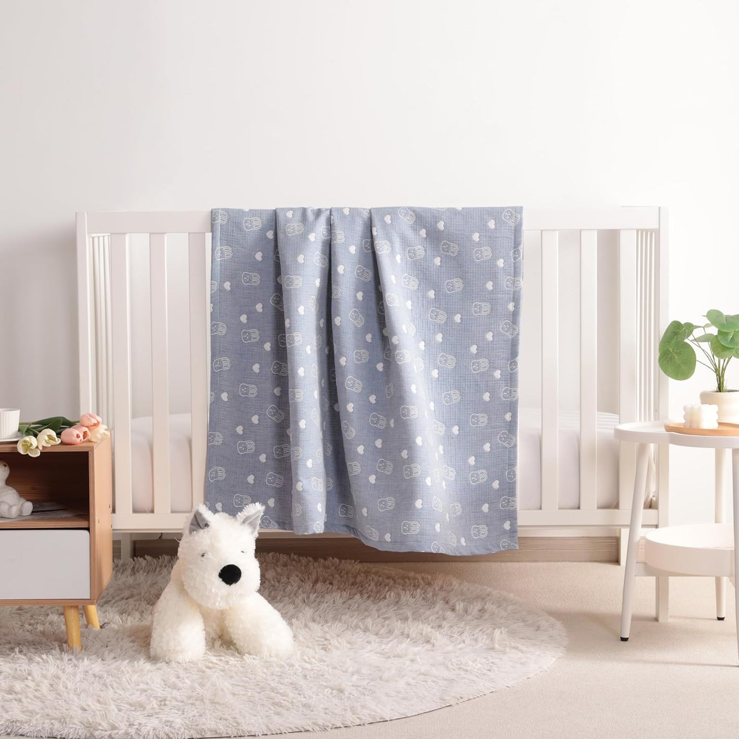 NTBAY 3 Layer Muslin Cotton Toddler Blanket, Jacquard Reversible Nursery Bed Blanket, Super Soft and Thermal for All Seasons, Decoration Gift, 30"x40", Blue Rabbit