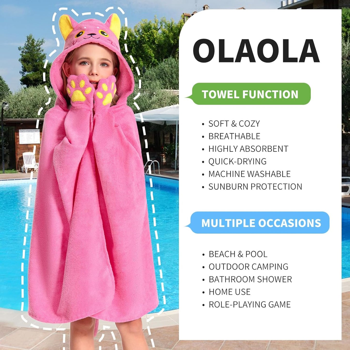 OLAOLA Cat Hooded Towel for Kids 3-12 Years, 28" x 53" Soft Thick Absorbent Beach Towels, Toddler Bath Towel Wrap, Swim Pool Towels Poncho for Boys Girls
