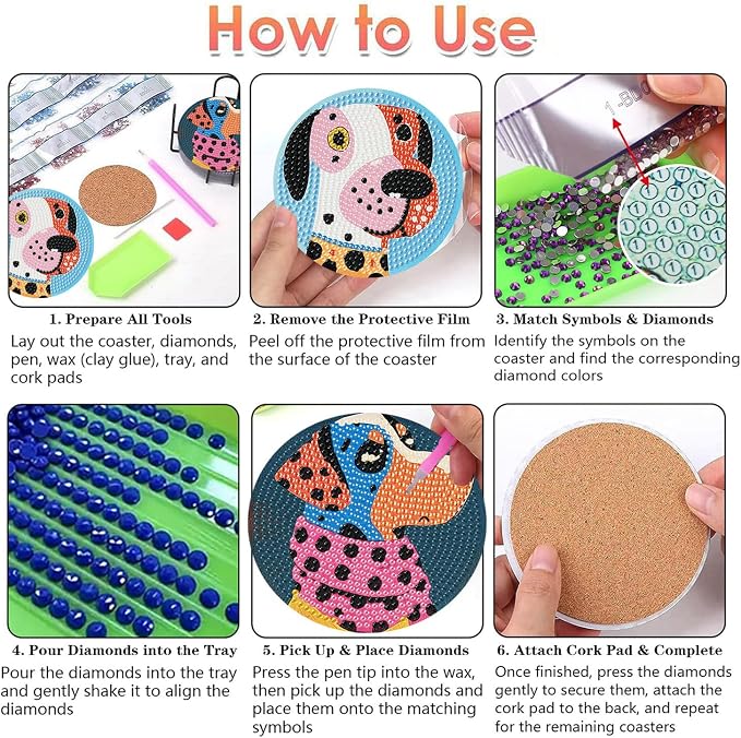 Benjenes 8 PCS Diamond Art Coasters Kits Dog Diamond Painting Coaster | Diamond