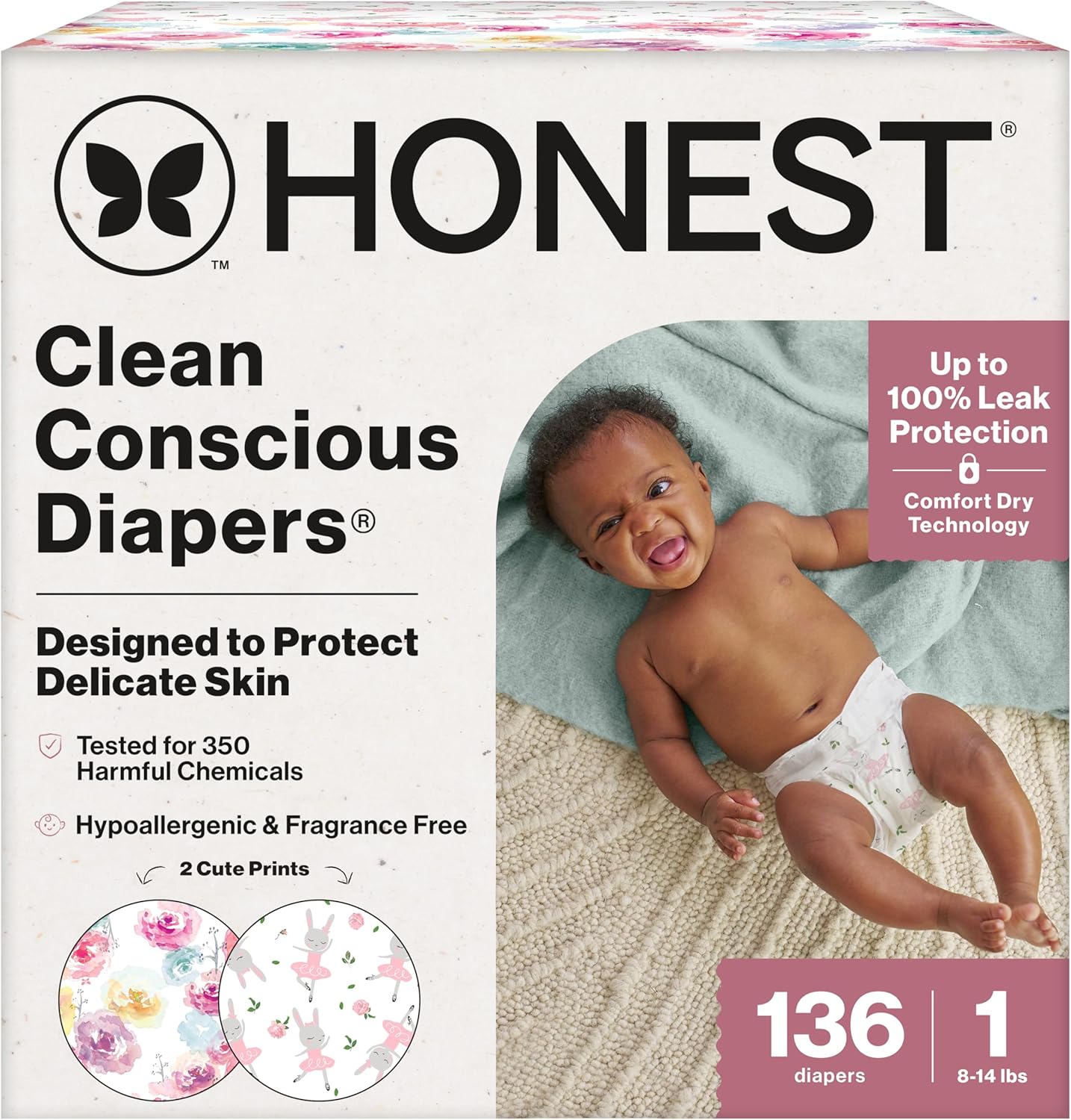 The Honest Company Clean Conscious Diapers for Sensitive Skin, Up to 100% Leakproof Hypoallergenic Fragrance-Free Baby Diapers, Girl Prints, Super Club Box, Size 1 (8–14 lbs), 136 Count