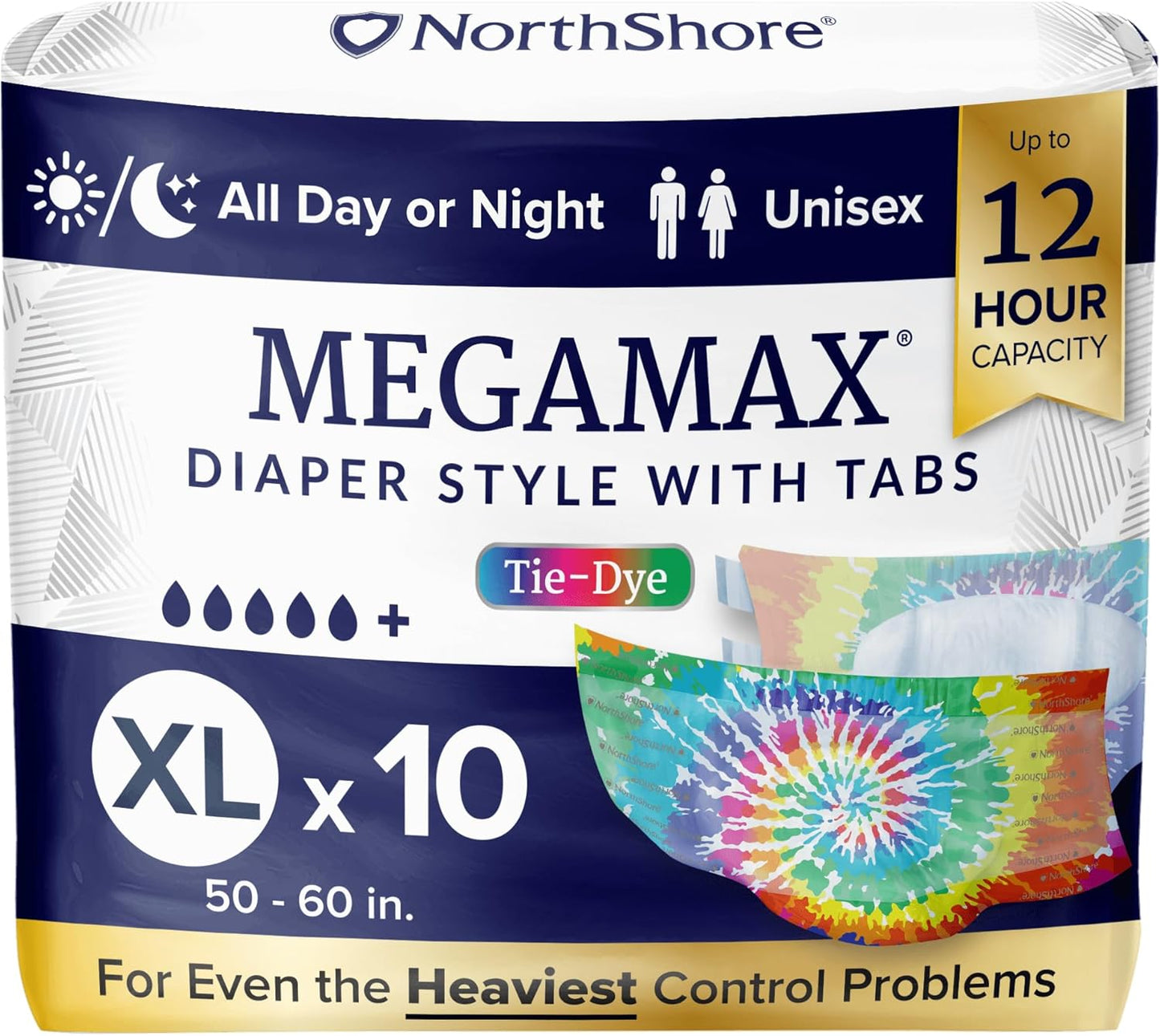 NorthShore MegaMax Adult Overnight Diapers, 12-Hour Tab-Style, X-Large, 10 Count Bag, Tie-Dye, 50-60 inches, Unisex Incontinence Underwear