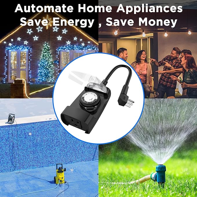 G-ELEK Outdoor Timer Outlet Waterproof, 24 Hour Outdoor Light Timer, Timers for Electrical Outlets, Ideal for Pool Pump, Christmas Lights, Heavy Duty, 1 Grounded, CSA Listed, 2 Pack