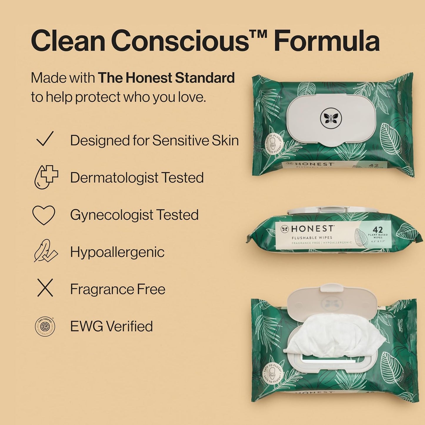 The Honest Company Flushable Wipes for Sensitive Skin, Fragrance-Free Hypoallergenic pH-Balanced Feminine Wipes, 99% Water Safe-to-Flush Wipes, Tropical Leaves, 126 Count