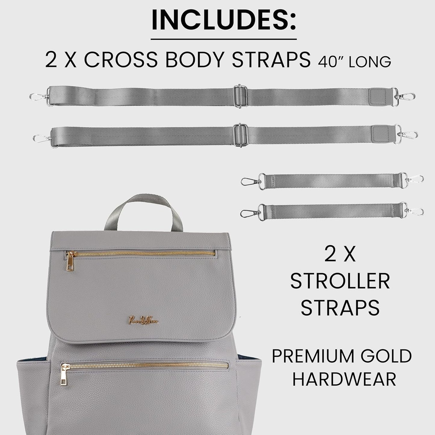 Premium Vegan Leather Diaper Bag Backpack – Large Designer Baby Bag, Stylish Diaper Backpack with Stroller & Crossbody Straps & Multiple Compartments (Ash Grey)