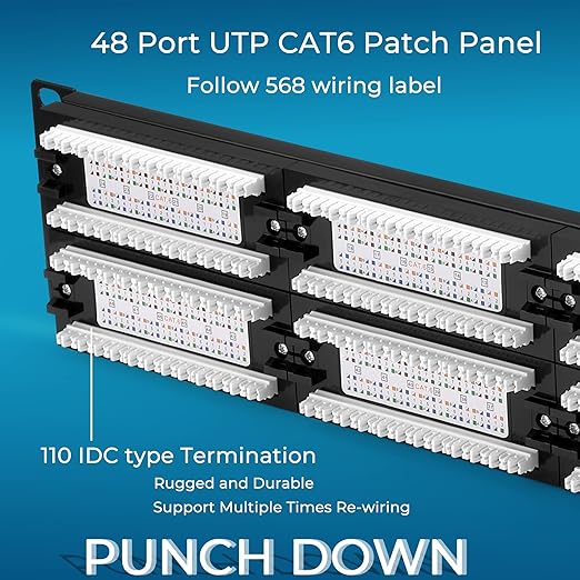 Rapink Patch Panel 48 Port Cat6 10G Support, Network Patch Panel UTP 19-Inch, Wallmount or Rackmount 1U Ethernet Patch Panel Punch Down Block for Cat6, Cat5e, Cat5 Cabling