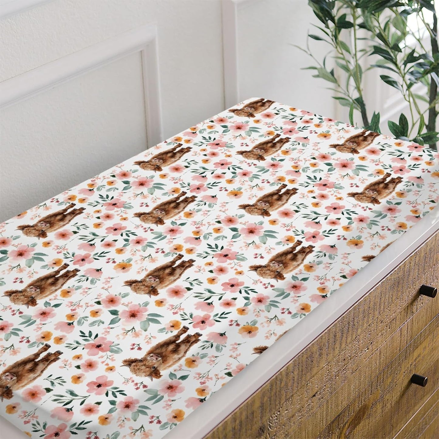 HawSkgFub Highland Cow Boho Floral Changing Pad Cover for Baby Girls, Western Farm Animal Retro Flower Diaper Change Table Covers, Soft Stretchy Safe Snug Fitted Changing Mat Sheet Fit 32"/34" x 16"