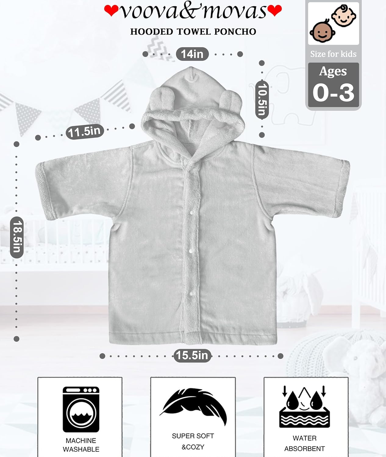 VOOVA & MOVAS Baby Hooded Bath Towel with Bear Ear (0-3Years) 100% Cotton Soft Absorbent Skin-Friendly Bath Pool Beach Towel Robe for Newborns & Infants - Perfect Set,Gray