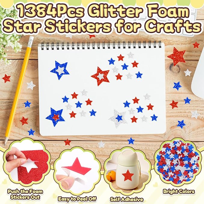 1384Pcs Glitter Foam Stickers, Colorful Self Adhesive Geometric Foam Stickers
