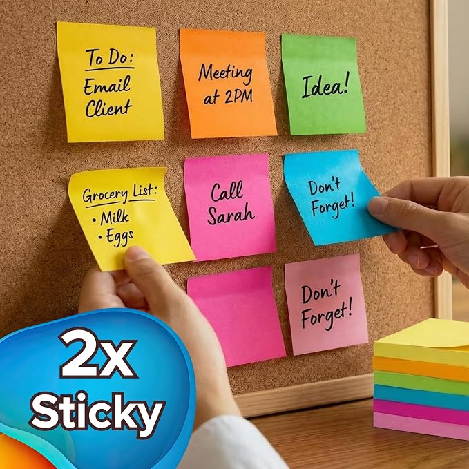 Sticky Notes 3x3 – 2026 Improved Adhesive, Very Very Sticky & Bright Neon