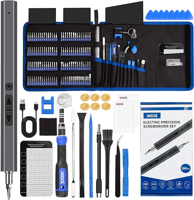 XOOL 150 in 1 Electric Screwdriver Set Precision Screwdriver Set with 120 Magnetic Bits, Rechargeable 2 Gears Torque Power Screwdriver Kit for Electronics, Computer, Laptops, Phone, PC, Game Console