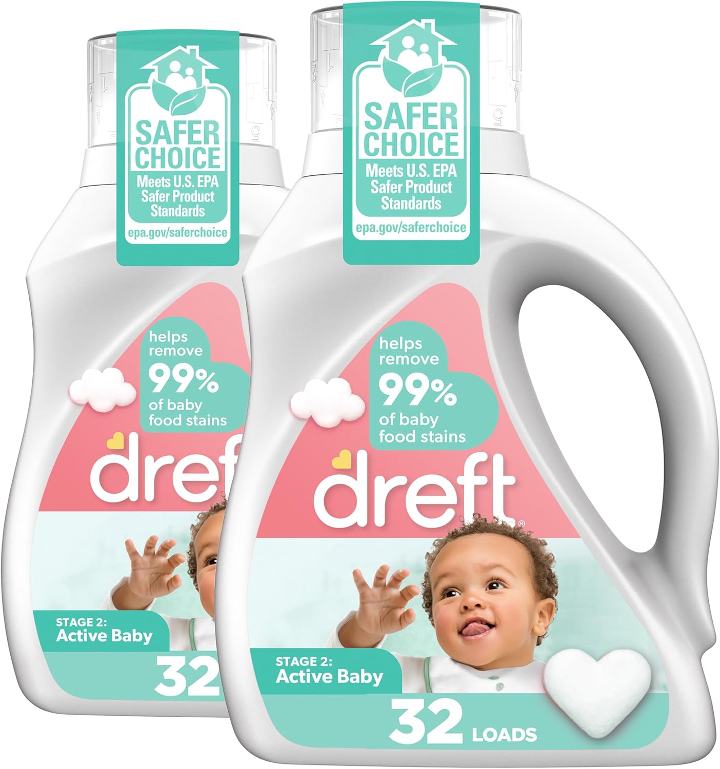 Dreft Active Baby Liquid Laundry Detergent, Helps Remove 99% of Baby Food Stains, Hypoallergenic, 2 pack, 32 loads each