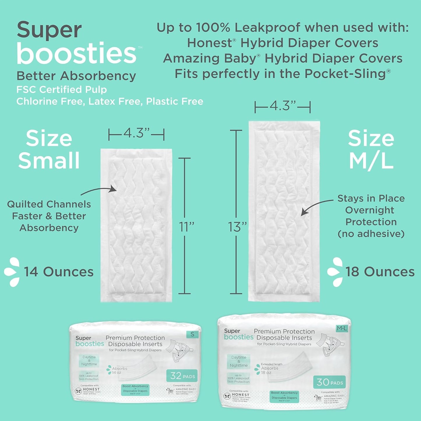 Super Boosties 90ct + Honest Hybrid Cloth Diaper Cover with Pocket-Sling, Large (22-40 lbs), Stops Nighttime Leaks, Boosties Disposable Diaper Inserts, Honest Cotton Muslin Covers, 3 Pack