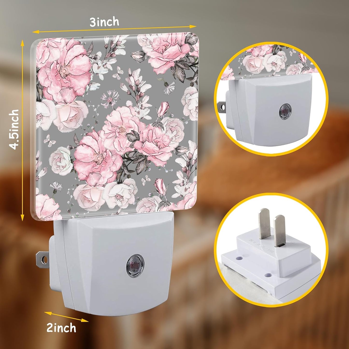 Night Light Plug Wall,Pink Flowers and Grey Leaves LED Night Lights with Dusk to Dawn Light Sensor for Women Girls Boys Room Decor,Hallway,Kitchen,Bathroom,Nursery,Stairs
