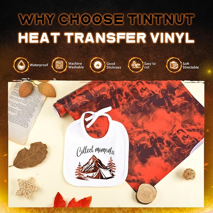 Tintnut Red Black Flame Heat Transfer Vinyl Roll, stretch washable, compatible