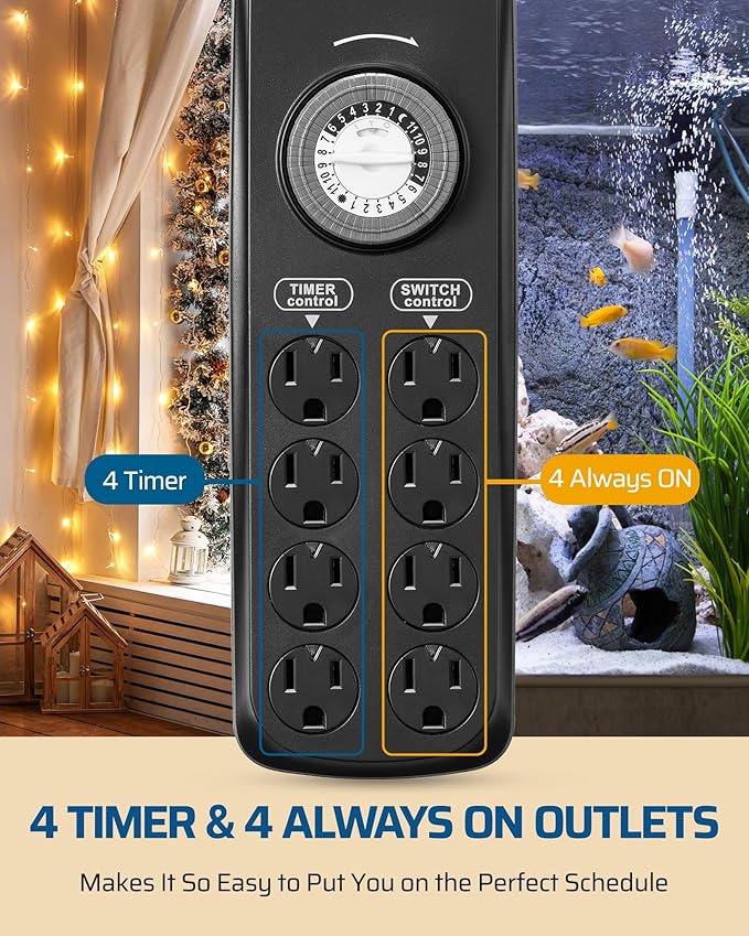 DEWENWILS Mechanical Timer Power Strip with 8 Outlets, 6FT Power Cord & Flat Plug, Overload Protection Mechanical Timer, Outlet Timer Indoor for Tanks, Aquarium, Grow Lights, Reptile Light, UL Listed