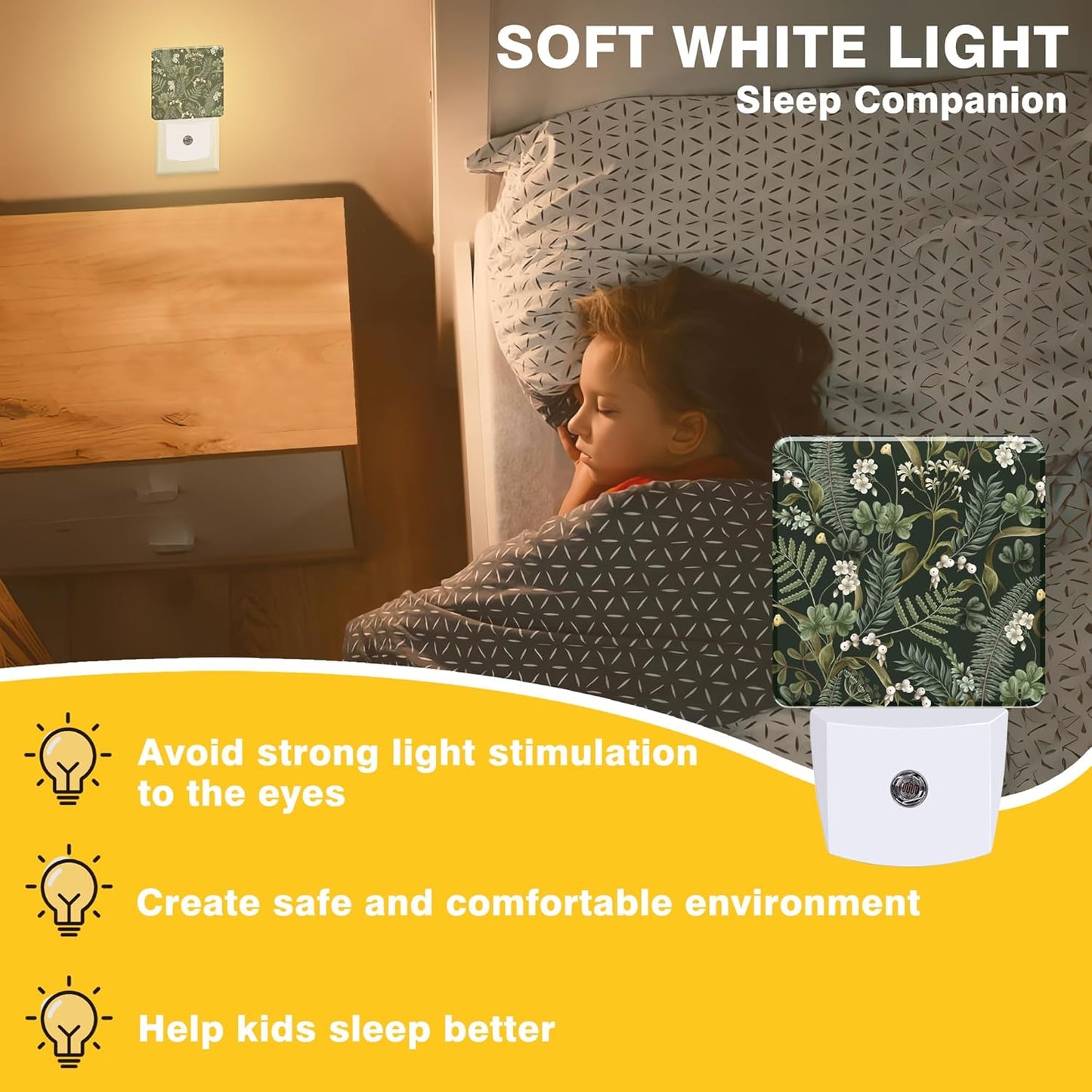 Botanical White Flowers Berries and Green Leaves Night Light, Plug-in Nightlight with Dusk to Dawn Auto Sensor for Home Bedroom Hallway Kitchen 0.5W Sleep Friendly Led Lamp for Women Men