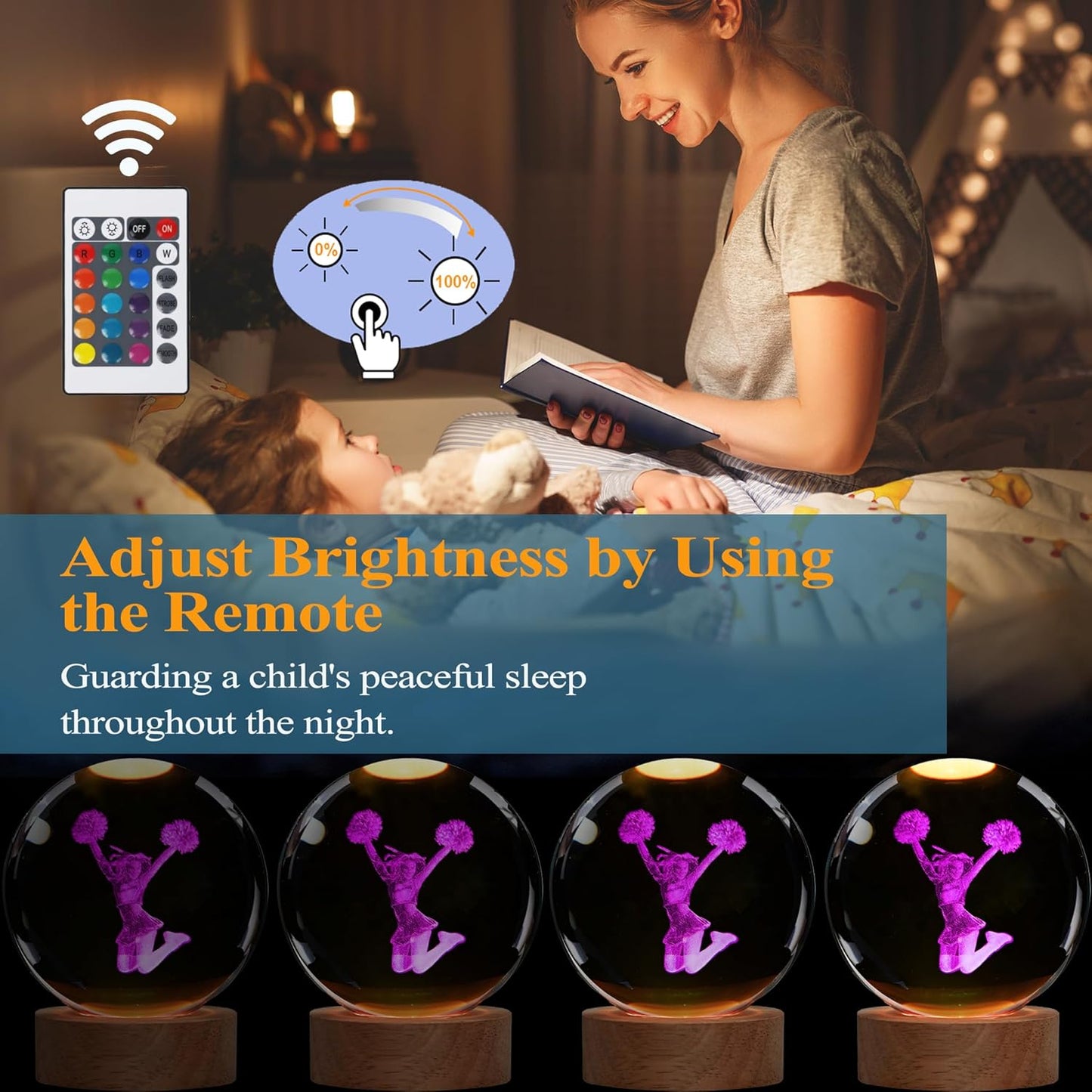Cheerleader Crystal Night Light, Cheerleader Gifts, K9 3.15 Inch(80mm) Crystal Ball Night Light with 16 Colors Remote Upgraded Lamp for Birthday Xmas Cheering Squad Gifts for Room Decor Girls
