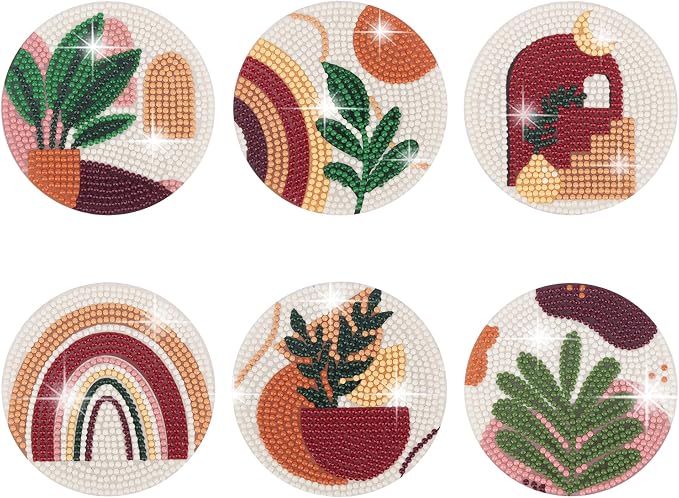 Temlum 6 Pcs Diamond Painting Coasters Kit, Abstract Plant Diamond Art Coasters