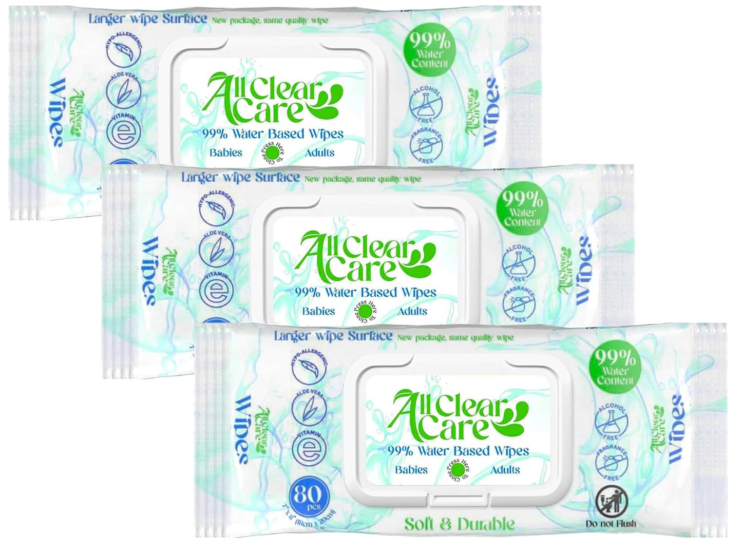 Baby Wipes, Unscented Wet Wipes for Sensitive Skin, Large Soft Durable & 99% Water, Gentle & Hypoallergenic for Babies & Adults, Vitamin E and Aloe, Flip Top Lid, 3 Pack (240 Wipes)