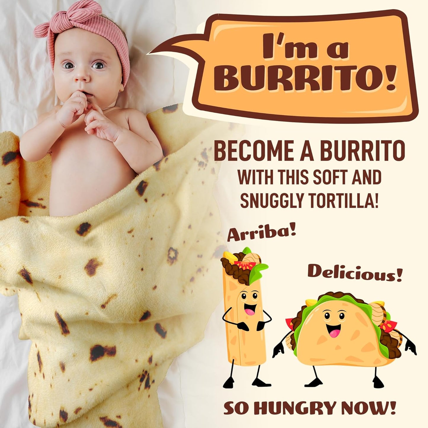 Zulay Kitchen Burritos Tortilla Throw Blanket Double Sided 36 inches for Adult and Kids - Giant Novelty Funny Taco Tortilla Blanket, Soft 285 GSM Flannel - White Elephant Gift