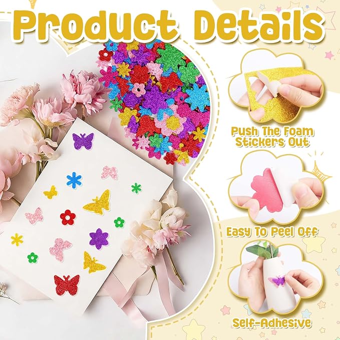 Foam Stickers, 7 Sheets 3D Glitter Foam Flower and Butterfly Shapes Stickers