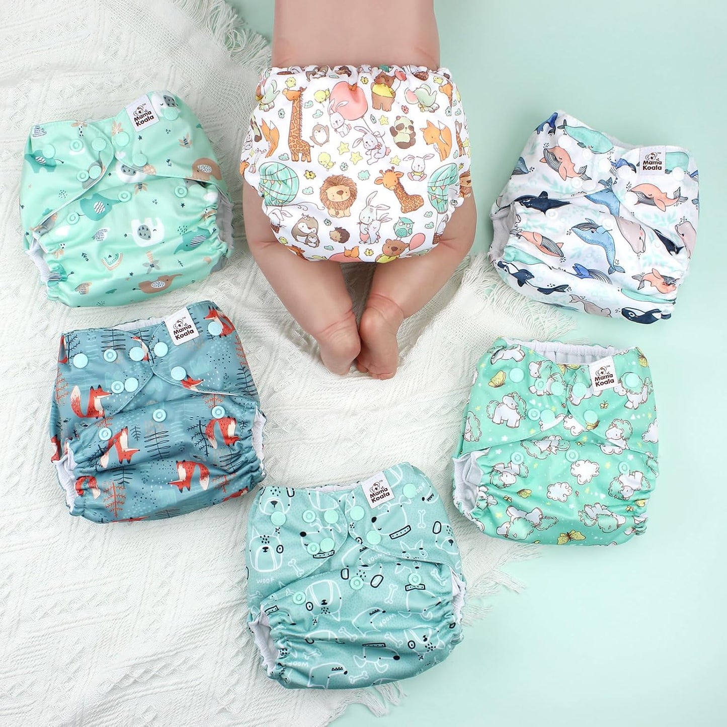 Mama Koala 3.0 Pocket Cloth Diapers for Babies with AWJ Lining, 6 Pack with 6 4-Layer Natural Cloth Diaper Inserts - Reusable and Washable Pocket Diapers (Adorable Animal)